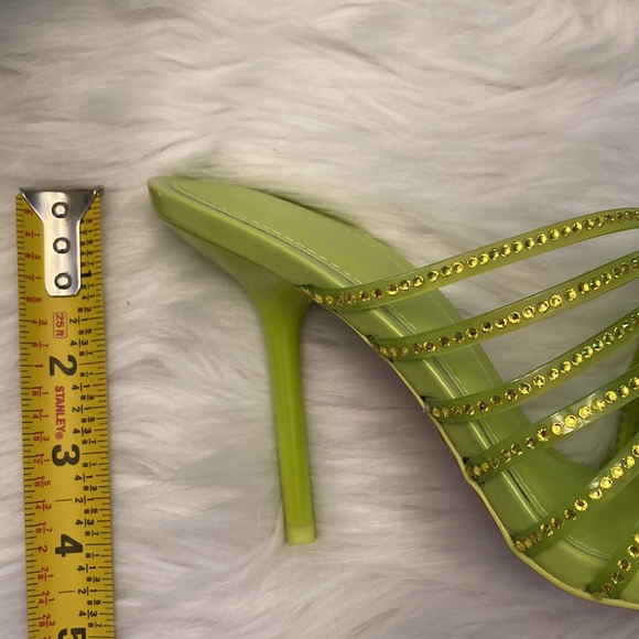 Zara Vinyl Lime Green Rhinestone Squared Toe High Heels Sandals Shoes - Picture 14 of 14